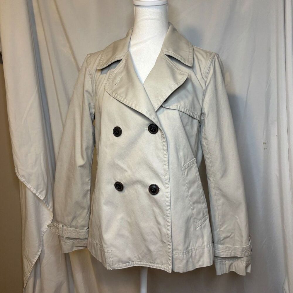 GAP Beige Button Up Nylon Short Trench Coat Womens Collared Jacket Stylish - Picture 2 of 8